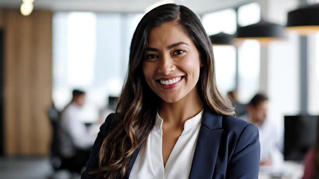 Young professional woman smiling confidently in modern office setting, business success concept