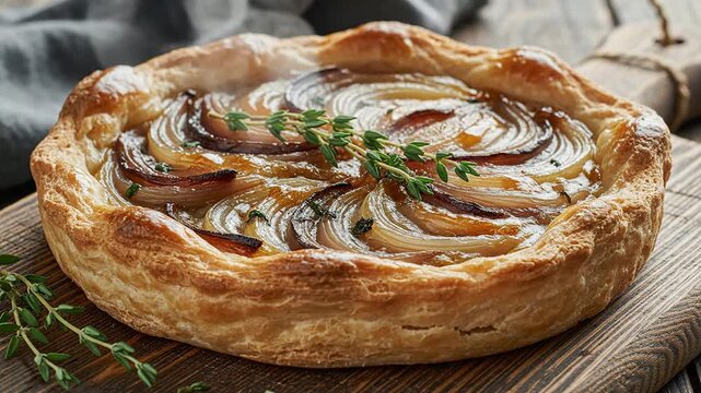 Delicious French Onion Tart With Caramelized Onions And Fresh Thyme Presented On Rustic Wooden Table