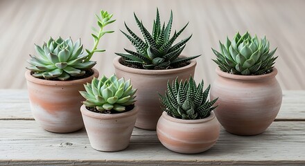 Fototapeta premium Collection of various healthy succulent plants in terracotta pots on a rustic wooden background