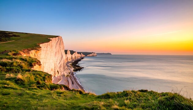 A serene sunset over a tranquil sea with rugged cliffs