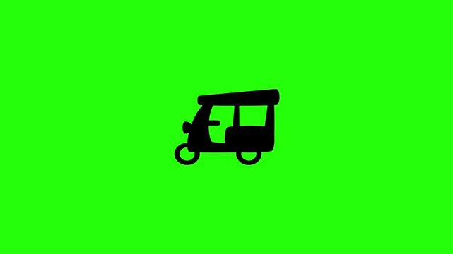 4K horizontal layout featuring a traditional three wheel auto rickshaw tuk-tuk public transit taxi silhouette bouncing cleanly. Dynamic popup icon for Thailand tour.
