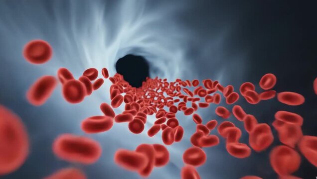 Arteries carrying glowing oxygen-rich blood cells, smooth flowing circulation waves