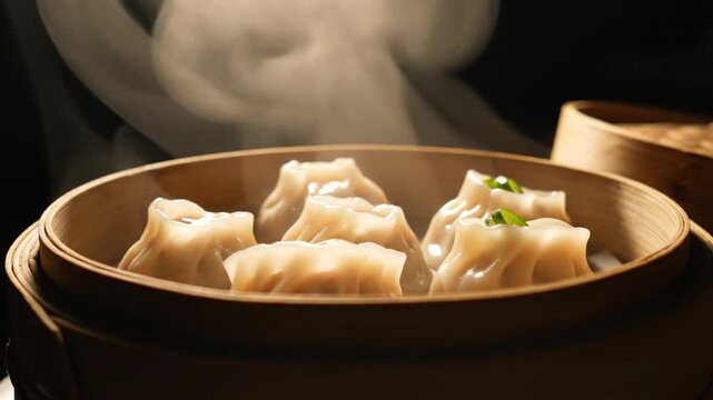 Close-up of hot handmade dumplings steaming in a traditional bamboo steamer basket against a dark background with dramatic lighting and visible rising vapor or smoke trails.