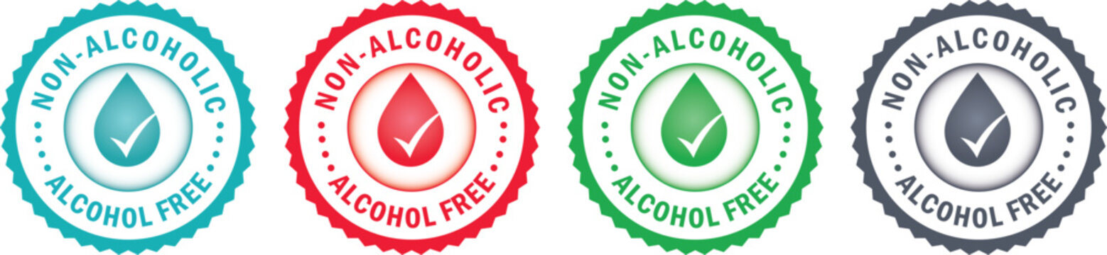 Alcohol Free 0% Non Alcoholic Product Stamp Set. Natural Stickers for Alcohol Free Products. Droplet Icon in Alcohol-Free Round Seal. Isolated Vector Illustration.