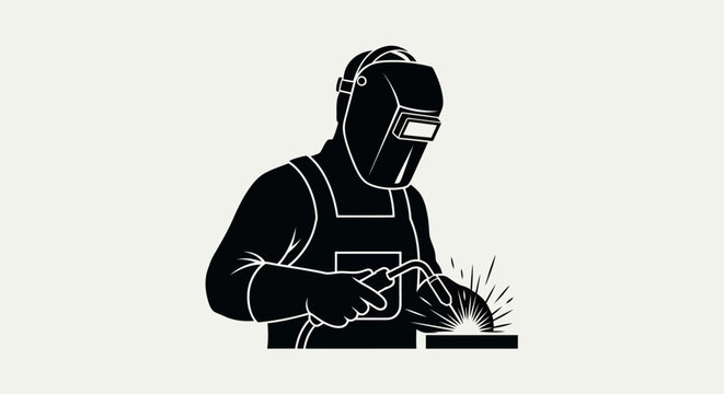 Welder working with welding torch, sparks flying, industrial worker silhouette