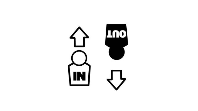 2D animation motion graphic of football player substitution in and out signs with directional arrows and human figures on white background