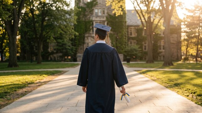 Graduate student in cap and gown walking on university campus path holding diploma, academic achievement and education success concept