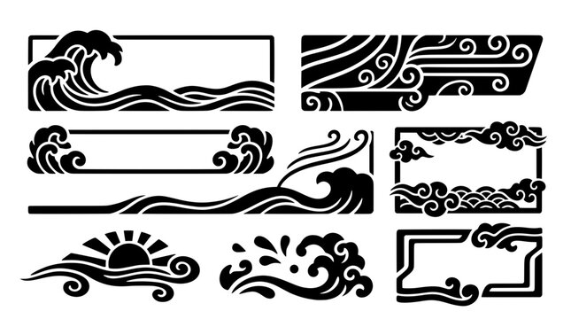 Set of black Japanese stencil wave, wind cloud, and rising sun vector frames. Traditional Asian border banners and stream UI text box design elements