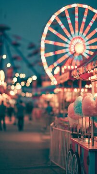 Night carnival fairground scene featuring crisp cotton candy stalls in focus surrounded by defocused glowing Ferris wheel bokeh and dim spinning ride outlines