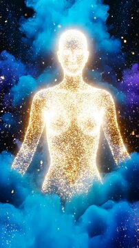 human figure transforming into glowing energy within cosmic clouds, upright posture and open stance, front view, transcendence, higher consciousness, spiritual evolution concept