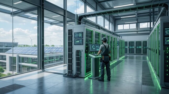 Technician managing eco-friendly data center with solar panels and wind turbines view, sustainable IT infrastructure and green energy technology