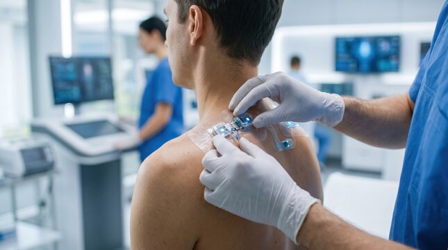 Doctor applying advanced biometric health monitoring sensors to patient shoulder in high tech medical clinic laboratory for remote diagnostics