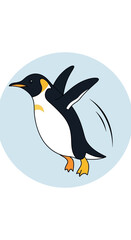 Naklejka premium Happy Penguin Jumping and Waving Wings on Light Blue Circle Background