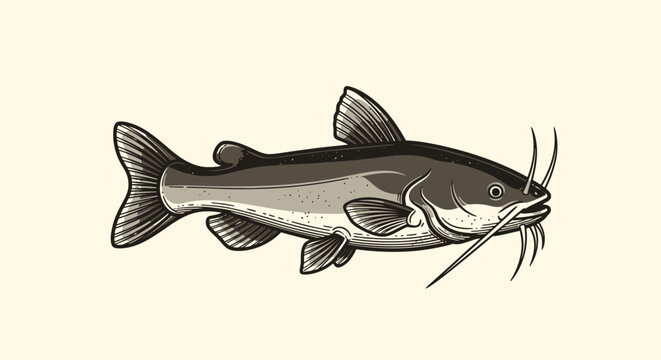 Detailed illustration of a catfish with long barbels on a neutral background