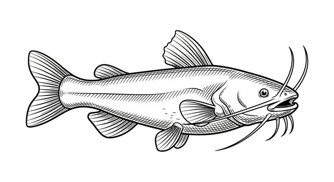 Black and White Sketch of a Catfish with Long Whiskers on White Background