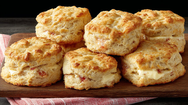 Stack of fresh homemade savory cheese biscuits on rustic wooden cutting board with homemade