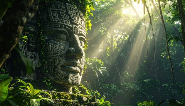 Enigmatic Olmec Stone Head Sculpture Emerges from Verdant Jungle Sunlight