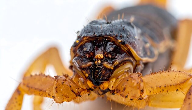 Close-up of a scorpion's head, showcasing its chitinous armor and segmented legs against a bright, neutral background