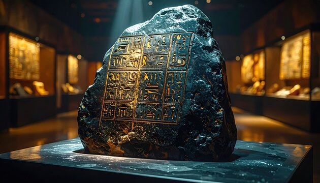 Stylized depiction of an ancient Rosetta Stone replica with Egyptian hieroglyphs in a museum setting