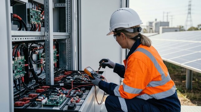 Female engineer checking electrical panel and battery storage system with multimeter, renewable energy maintenance, solar power station inspection, industrial safety gear