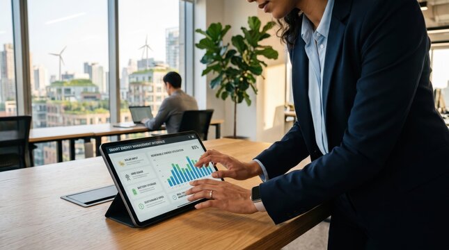 Businesswoman analyzing energy consumption charts on tablet in modern office, sustainable development goals, ESG reporting, corporate responsibility