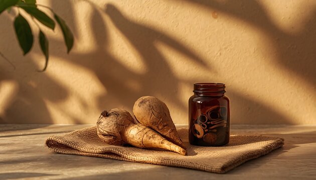 Raw Varahi Kand tubers next to an apothecary glass jar with sliced herbs, rustic wellness concept.