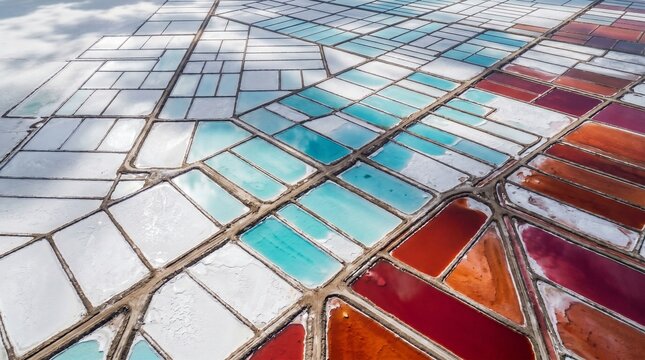 Stunning Aerial Landscape: Vibrant Colorful Salt Evaporation Ponds with Geometric Patterns.