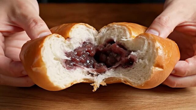 Hands Holding Freshly Baked Glossy Brown Bread Bun on Wooden Countertop, Close-Up View of Gourmet Baking Process