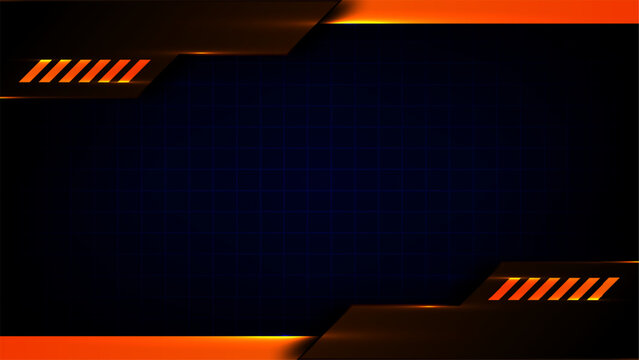 Futuristic technology dark blue grid background with glowing orange and metallic frame for gaming banner