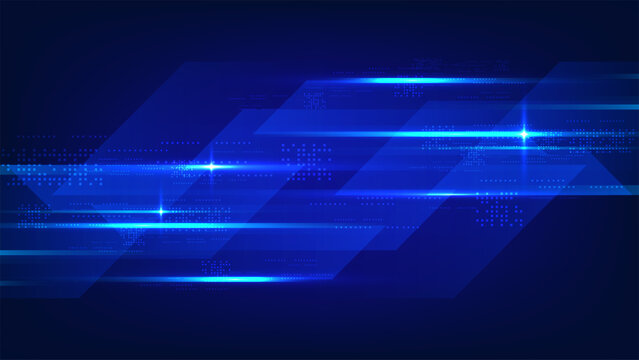 abstract blue technology background with futuristic geometric shapes glowing speed lines and digital data particles, fast network connection, cyber space design