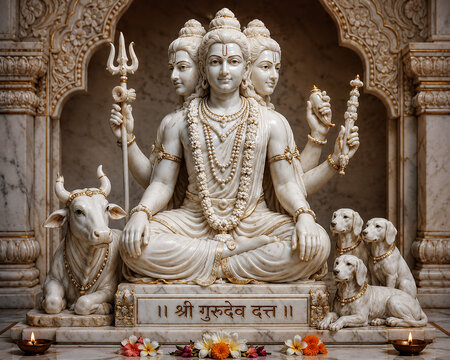 A breathtaking white marble statue of Lord Dattaguru (Dattatreya) seated in a divine meditative posture inside an ornate temple. The sacred sculpture showcases intricate marble craftsmanship.