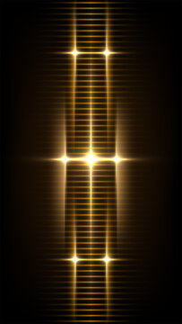 Abstract futuristic golden light grid glows with bright lens flares on dark background high tech digital luxury backdrop, modern sci fi and innovation concepts