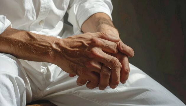 Close-up shows older person's clasped hands on lap, wearing white, against a softly shadowed background