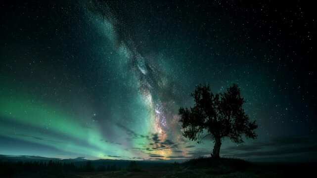 Breathtaking night sky with the Milky Way and vibrant aurora borealis illuminating a solitary tree in a serene, untouched natural landscape