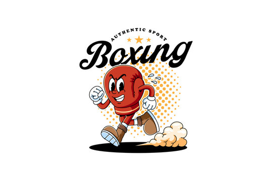 Boxing glove retro cartoon character mascot illustration with running with energetic motion effects for gym and fitness sport club