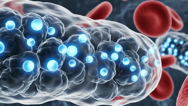 Oxygen particles leaving bloodstream and entering living body cells, transparent cellular membranes absorbing glowing molecules
