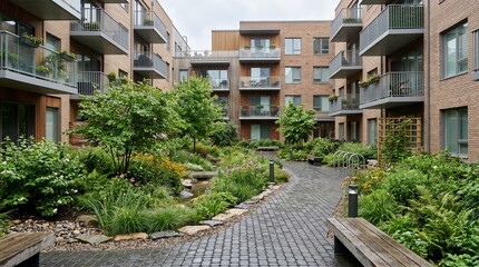 Fototapeta premium Medium shot of an eco urban courtyard with rain garden, native plants, and green buildings for climate resilience, ESG decks, and planning presentations.