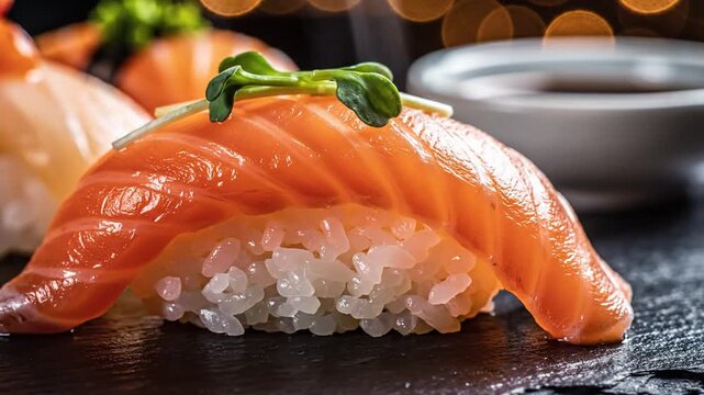Macro shot of fresh salmon nigiri sushi featuring detailed white rice texture and sliced raw fish on a dark stone surface with soy sauce and bokeh background lighting.