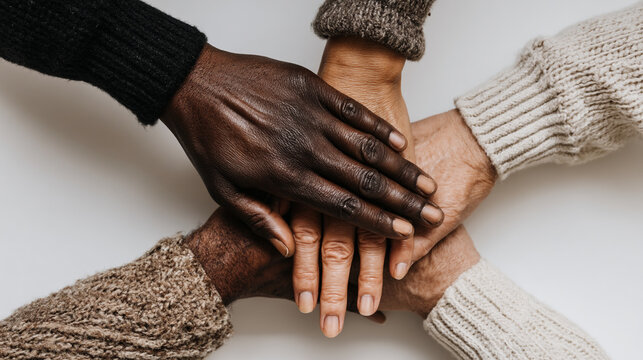 Close up of diverse people stacking their hands together in a show of unity and collaboration