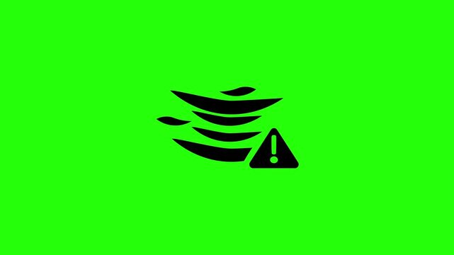 4K resolution video of a strong wind blowing line silhouette with a hazard danger triangle warning sign bouncing into view. Perfect popup emergency web icon.