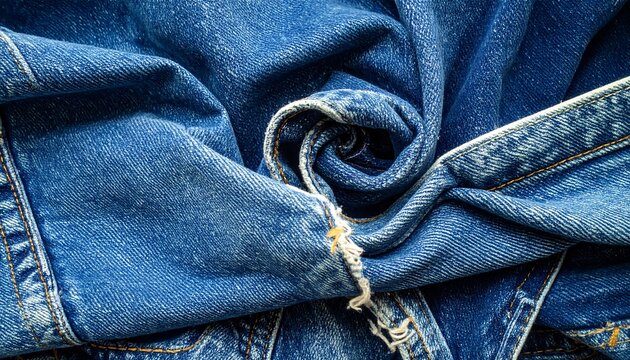 Close-up of crumpled, light-blue denim fabric; natural light and folds form a dynamic, tactile textile pattern
