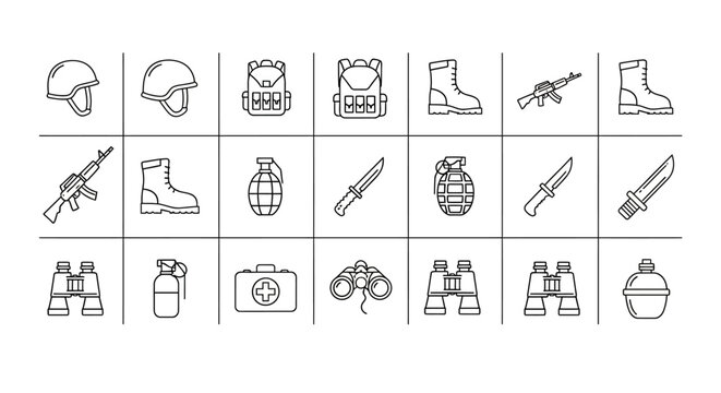 Military Equipment Icons Set: Helmet, Boots, Rifle, Grenade, Knife, Backpack, Binoculars