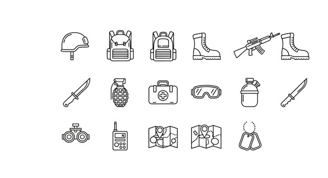 Military Equipment Icons Set: Helmet, Backpack, Boots, Gun, Knife, Grenade, Map