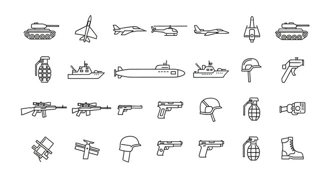 Military Icons Set: Tanks, Jets, Helicopters, Ships, Submarine, Weapons, Grenades, Helmets