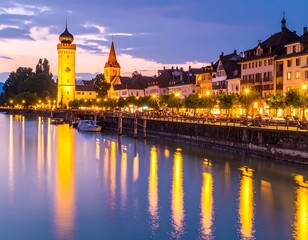 Fototapeta premium A serene riverbank scene at dusk with illuminated buildings