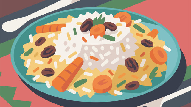 Illustration Of Afghan Kabuli Pulao With Rice, Carrots And Raisins Vector Design Template