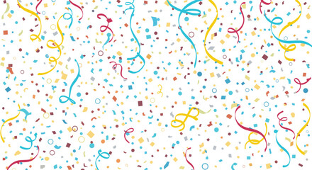 Obraz premium Festive background filled with colorful falling confetti and streamers on a white backdrop, ideal for celebration, party, or holiday designs.
