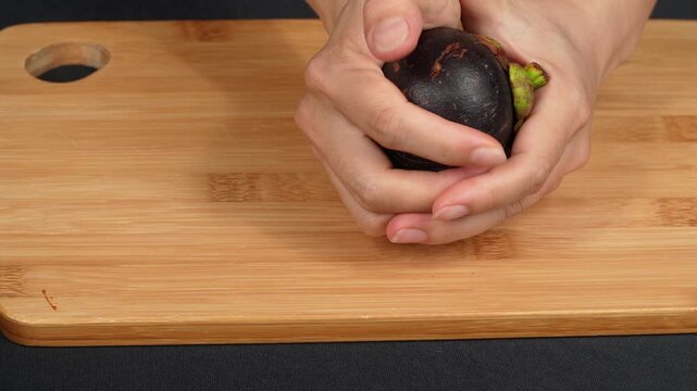 Close up of female hands opening a fresh organic mangosteen by squeezing the purple rind.