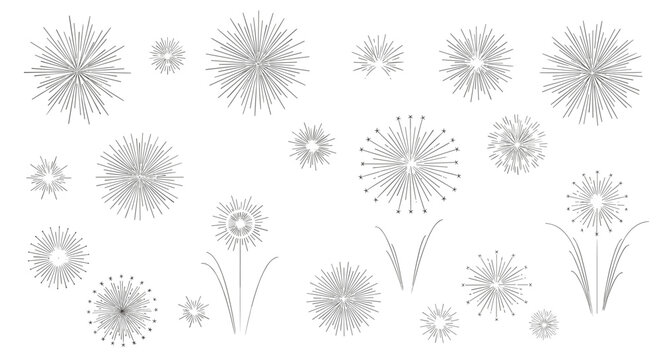 Collection of simple black line firework icons representing different explosion patterns and light bursts isolated on a white background.