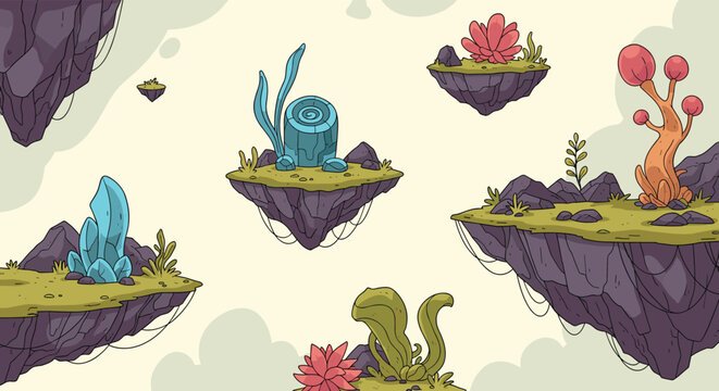 Fantasy landscape with floating islands in the sky decorated with strange alien plants glowing crystals and mysterious rock formations in soft colors.